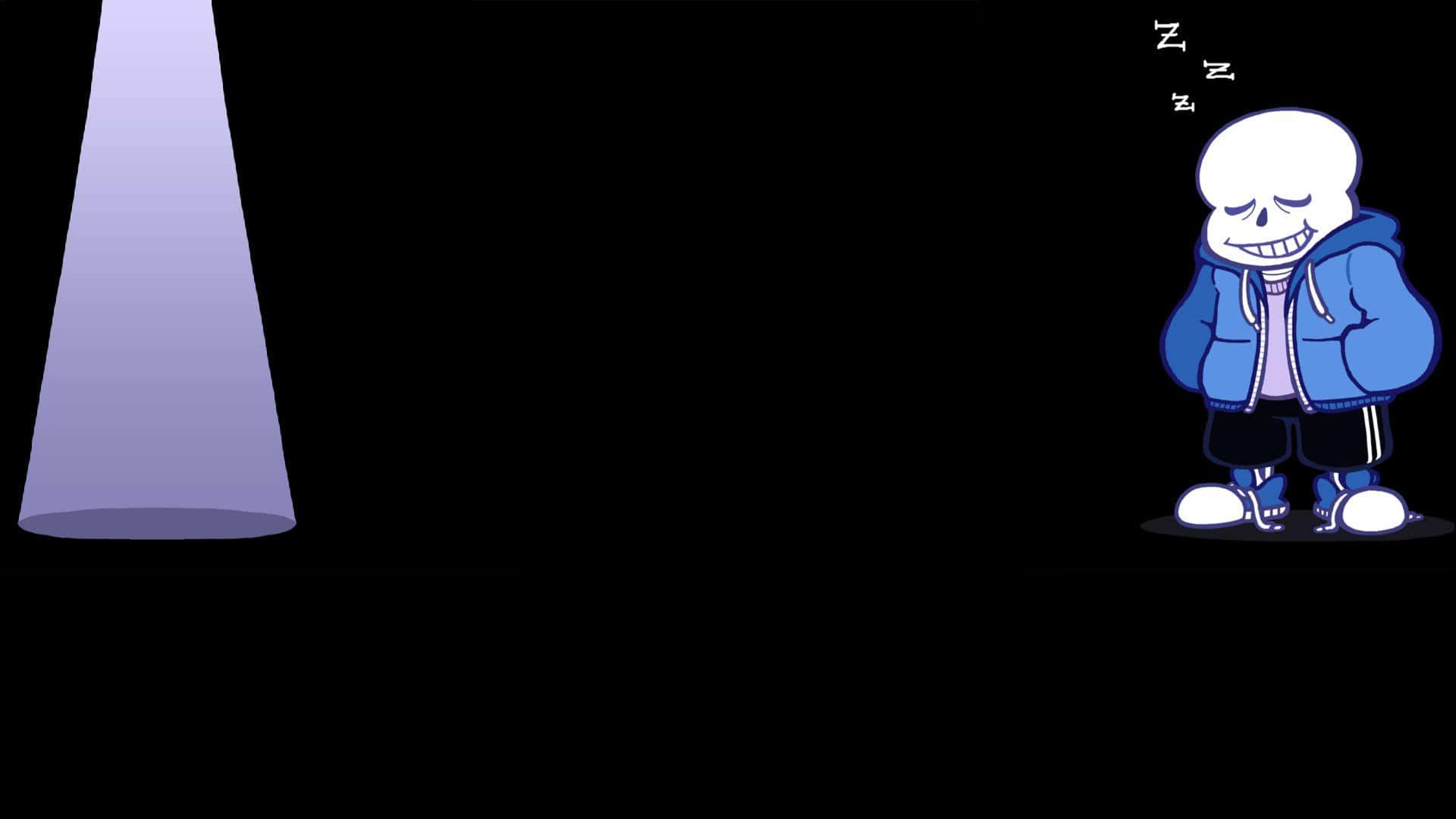 探索《Undertale》的魔法世界 壁紙 — 一個卡通骷髏角色穿著藍色連帽衫，站在黑色背景下的紫色聚光燈下。