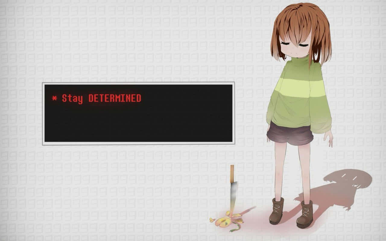 穿著綠色毛衣的動漫女孩站在香蕉皮和刀旁邊，帶有「Stay Determined」訊息。