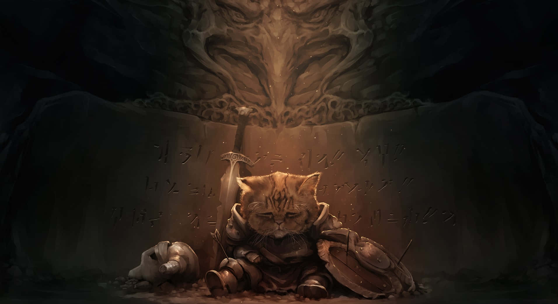 探索《上古卷軸V：天際》的壯闊世界 壁紙 — 一隻疲憊的穿甲貓在昏暗的洞穴中休息，劍和盾牌在旁邊，下方是發光的古老石雕。