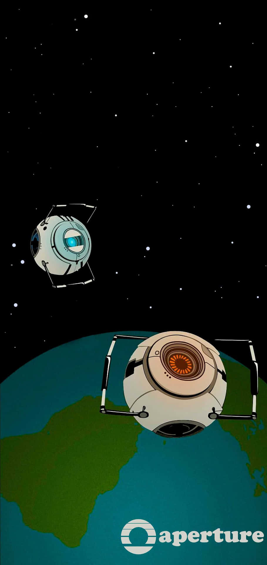 兩個Aperture Science炮塔在太空中繞地球運行，背景有星星。