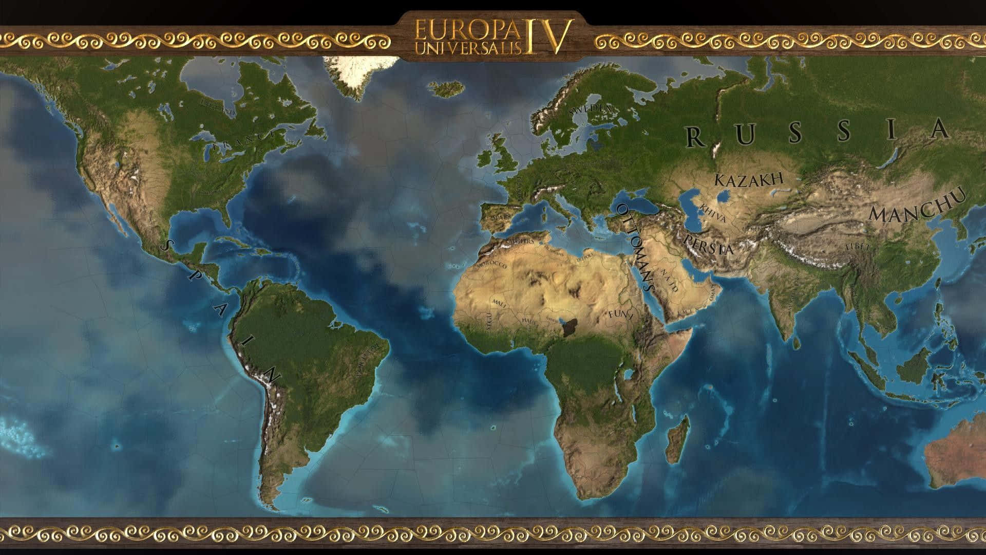 《Europa Universalis IV》世界地圖，帶有標註的國家和裝飾性金色邊框。