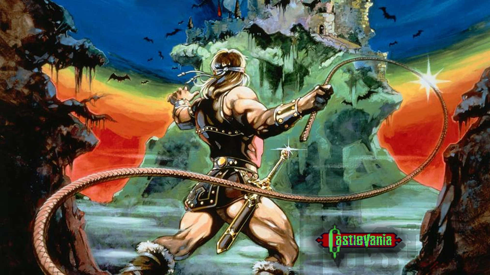 探索《卡斯特爾維亞》遊戲中的德古拉城堡 壁紙 — 一個肌肉發達的戰士在蝙蝠飛翔的熾熱日落天空下，以哥德式城堡為背景揮舞鞭子。