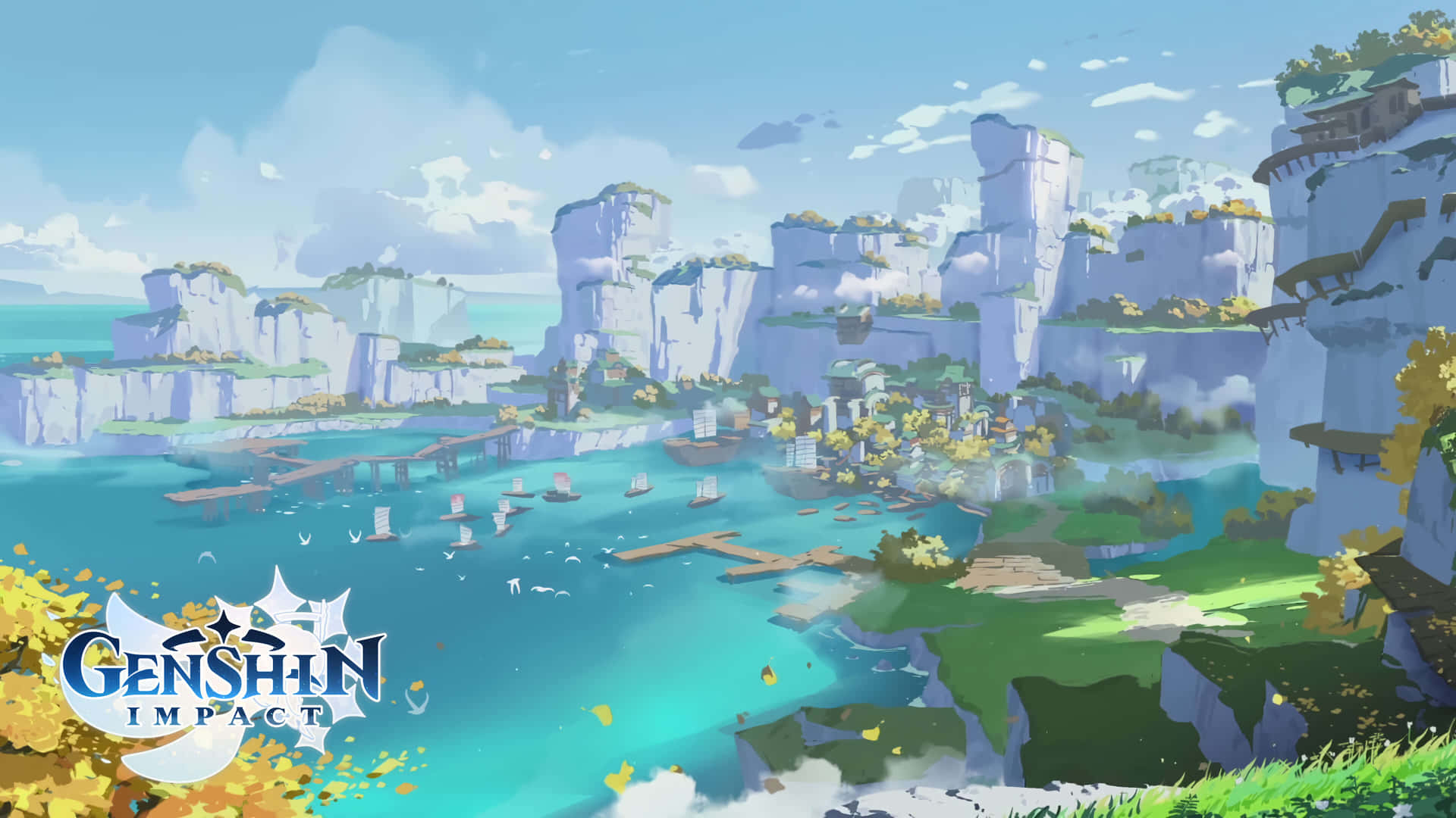 動漫遊戲場景，描繪一個擁有懸崖和船隻、色彩鮮豔的沿海小鎮。