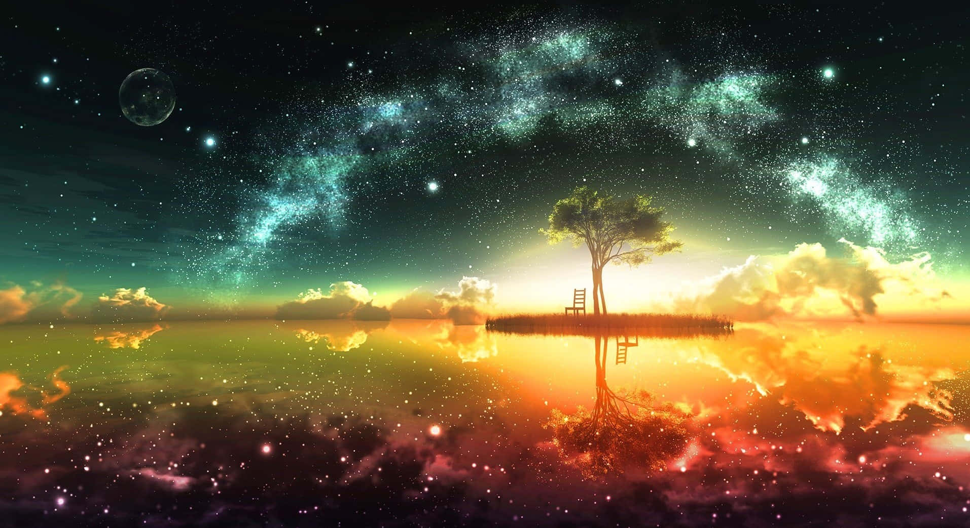 浮島上的一棵孤樹，宇宙天空和星光在發光的水中反射。