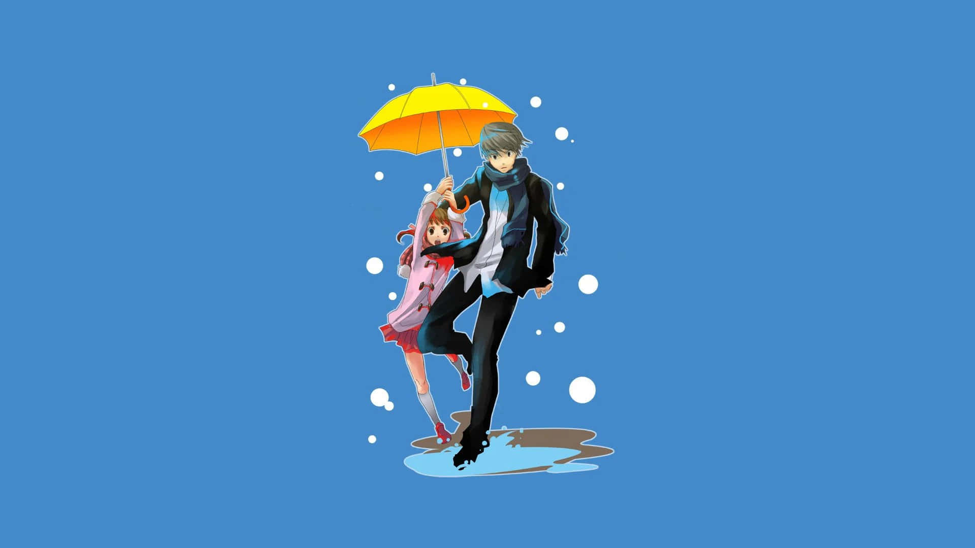 動漫角色在藍色背景前，黃色雨傘下在雪中跳舞。