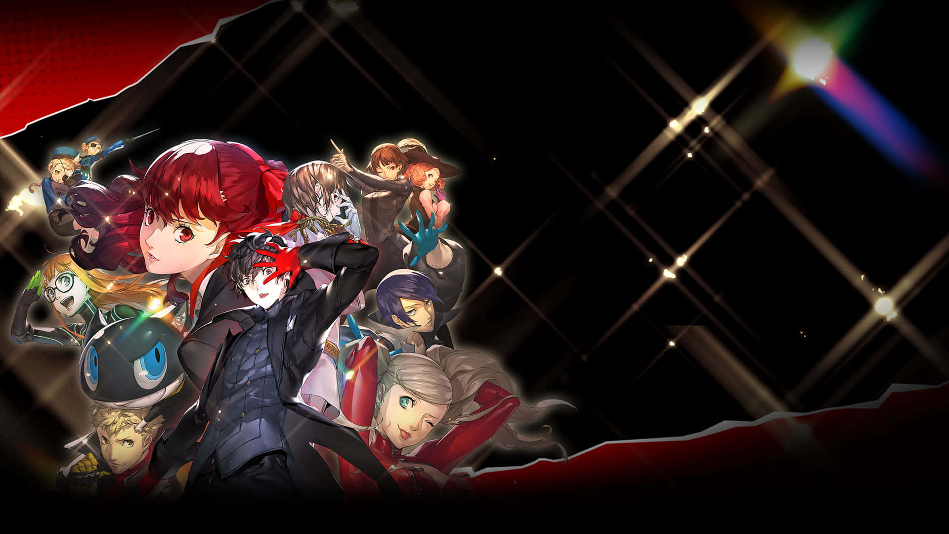 探索《女神異聞錄5》中的東京小巷 壁紙 — 一群動態的動漫角色，擁有紅髮和發光的眼睛，從撕裂的紅黑背景中迸發出來，帶有鏡頭光暈。