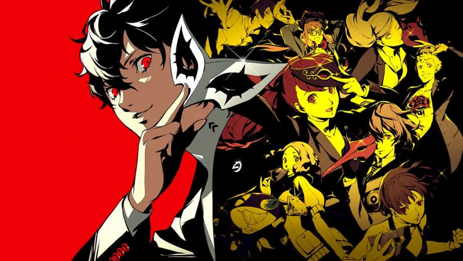 探索《女神異聞錄5》中的超自然東京 壁紙 — 一幅充滿動感的動漫插圖，描繪一個有紅眼睛和面具的中心角色，被一群多樣化的角色包圍，背景是鮮明的紅色。