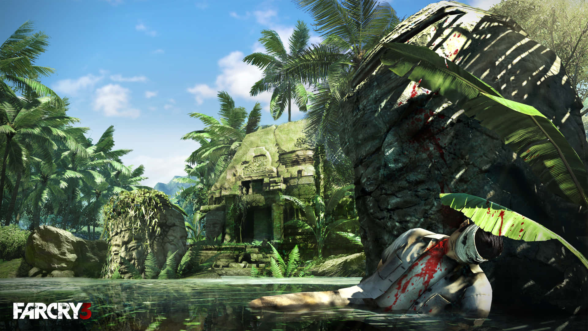 探索《孤島驚魂3》中鴿島的異國美景 壁紙 — 一名血跡斑斑的士兵漂浮在叢林水中，靠近古代遺跡，頭頂是明亮的藍天。