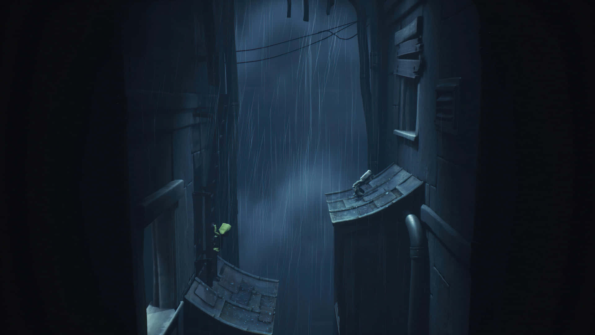 夜晚黑暗的雨巷，窗戶透出發光的綠光。