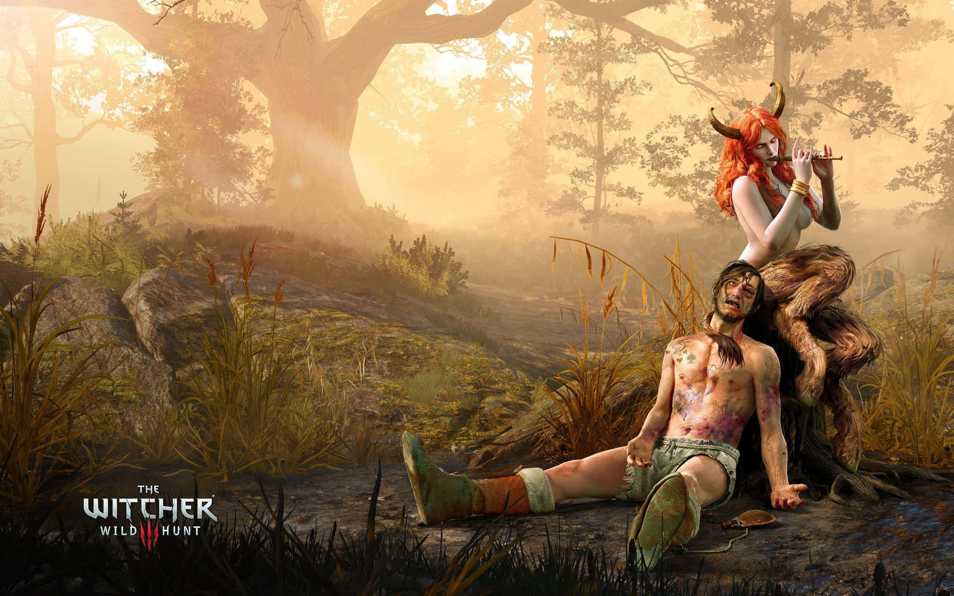 一位長著角的女子在黎明時分的霧氣森林中，站在一名受傷男子身上吹奏長笛。