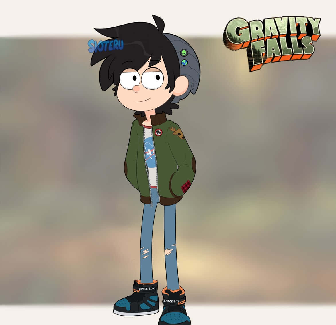 來自Gravity Falls的卡通角色，穿著綠色外套和破洞牛仔褲。