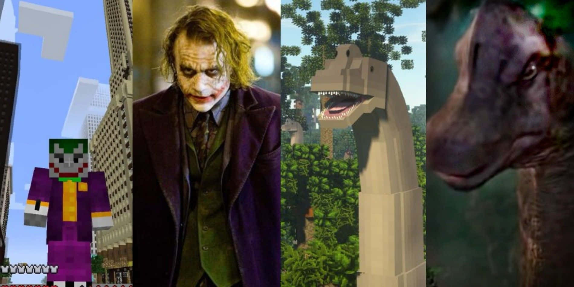 探索《我的世界》模組宇宙 壁紙 — 四張不同圖片的拼貼：Minecraft 小丑、希斯·萊傑飾演的小丑、Minecraft 恐龍和逼真的恐龍特寫。
