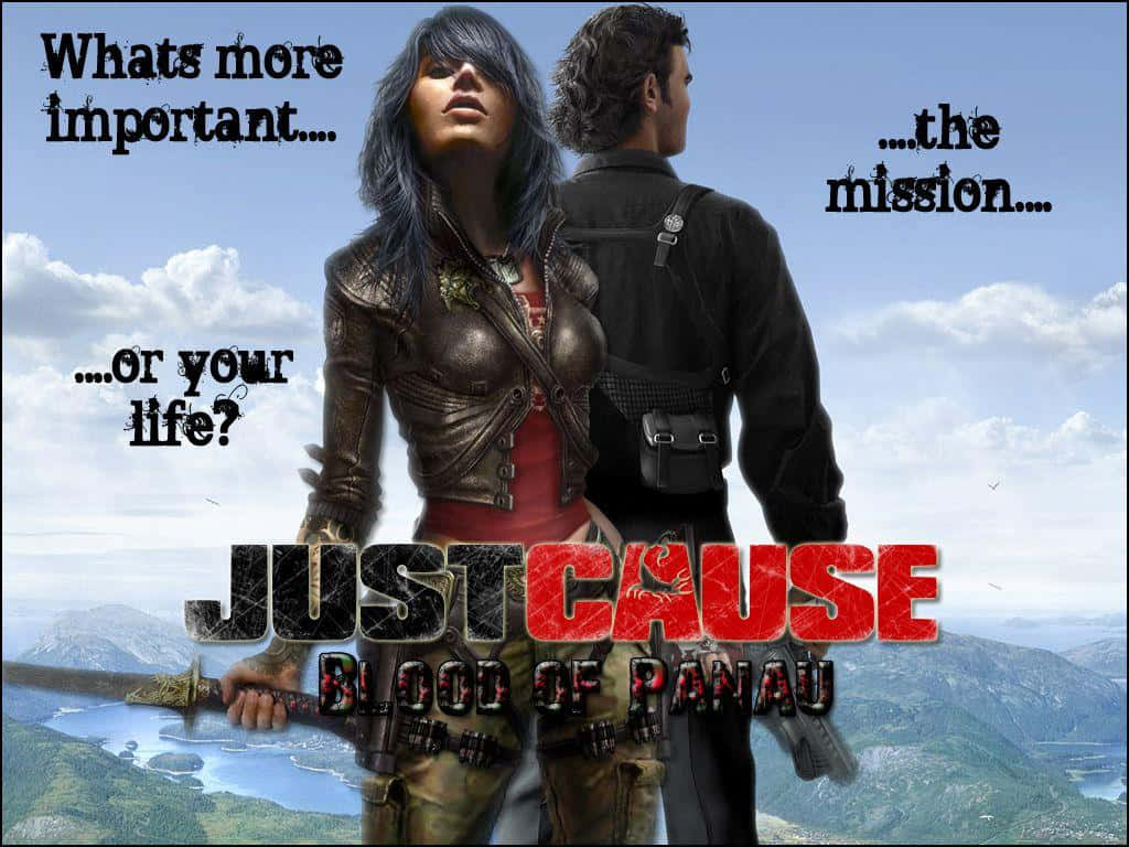 探索《最佳Just Cause 4》龐大開放世界 壁紙 — 兩個武裝角色背靠背站立，俯瞰多雲天空下的山島景觀，並帶有遊戲標題文字。