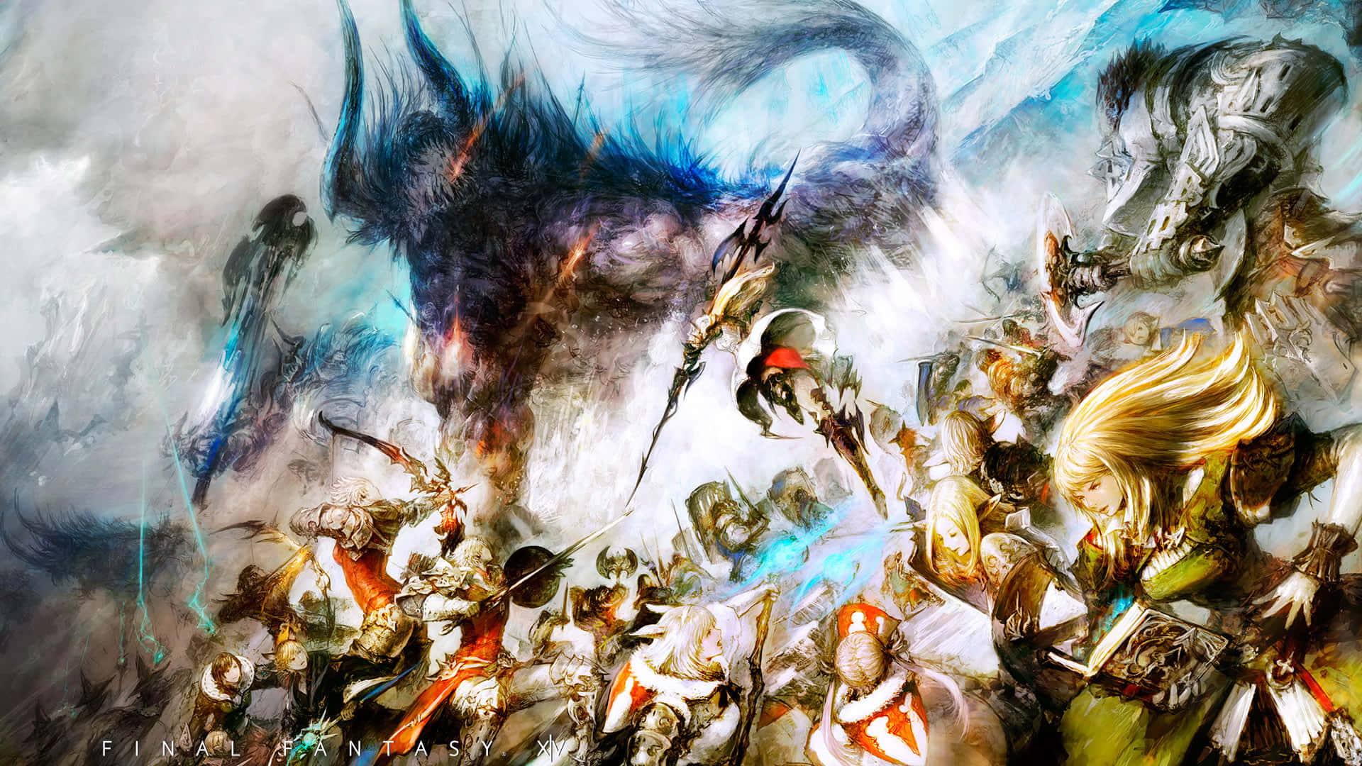 探索《最終幻想XV》的全新世界，盡享1080p震撼畫質 壁紙 — 一個動態的奇幻戰鬥場景，身穿盔甲的戰士和一隻巨大的藍色巨龍在旋轉的雲層和魔法能量中展開激戰。