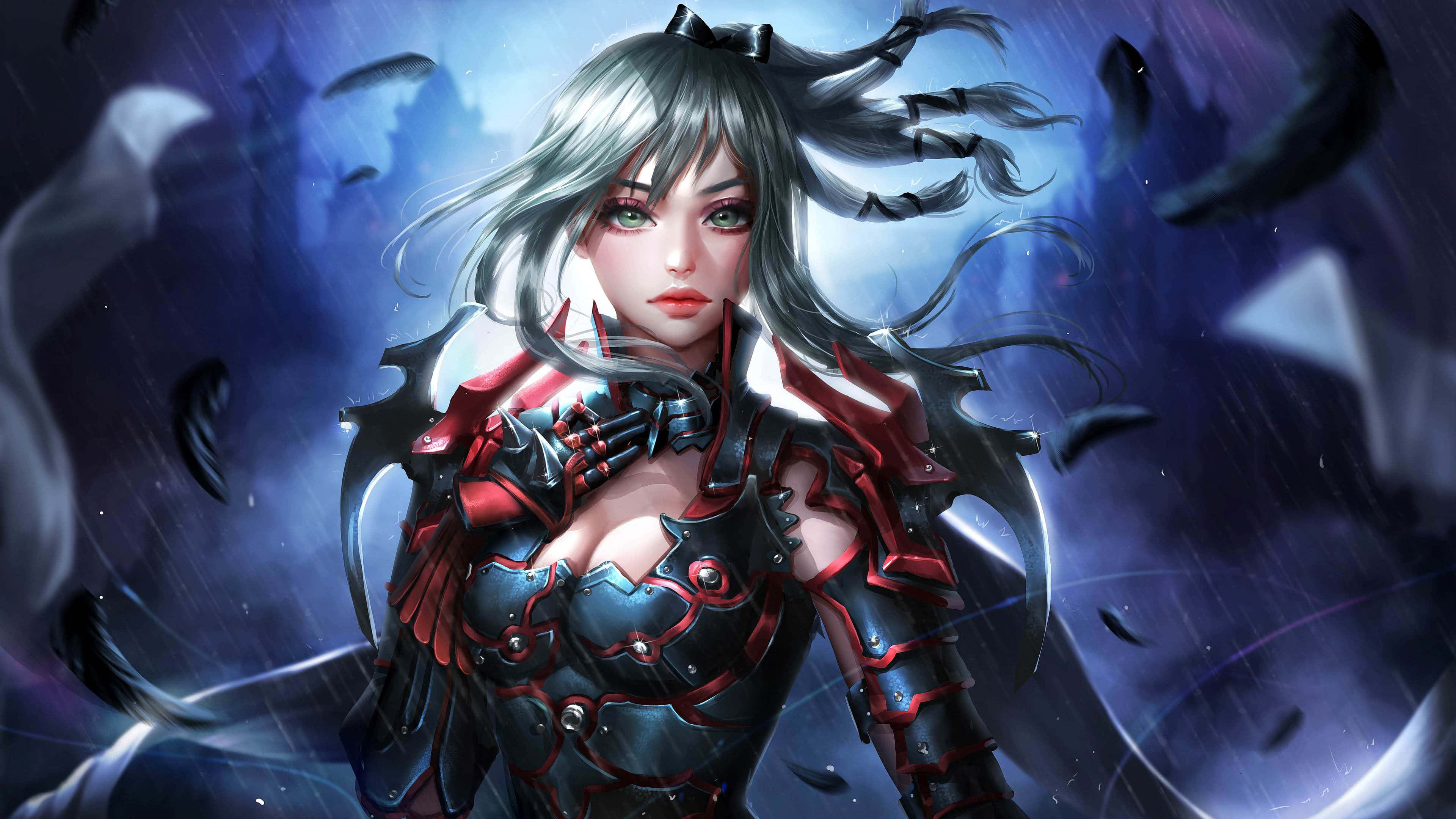 探索《最終幻想XV》的魔法世界 壁紙 — 一位銀髮動漫戰士身穿紅黑盔甲，在旋轉的黑色羽毛和暴風雨般的藍光中挑釁地站立。