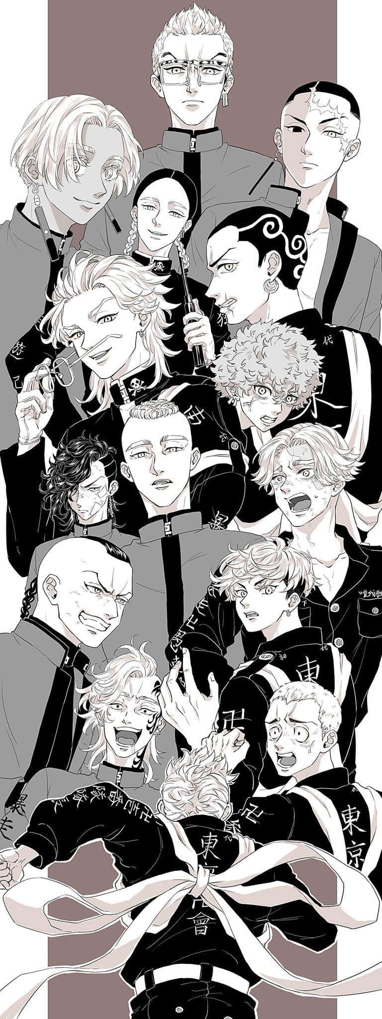 探索《東京卍復仇者》的世界！ 壁紙 — 一幅黑白動漫拼貼畫，描繪多個男性角色以動態姿勢展現豐富表情，穿著傳統日式風格服裝。