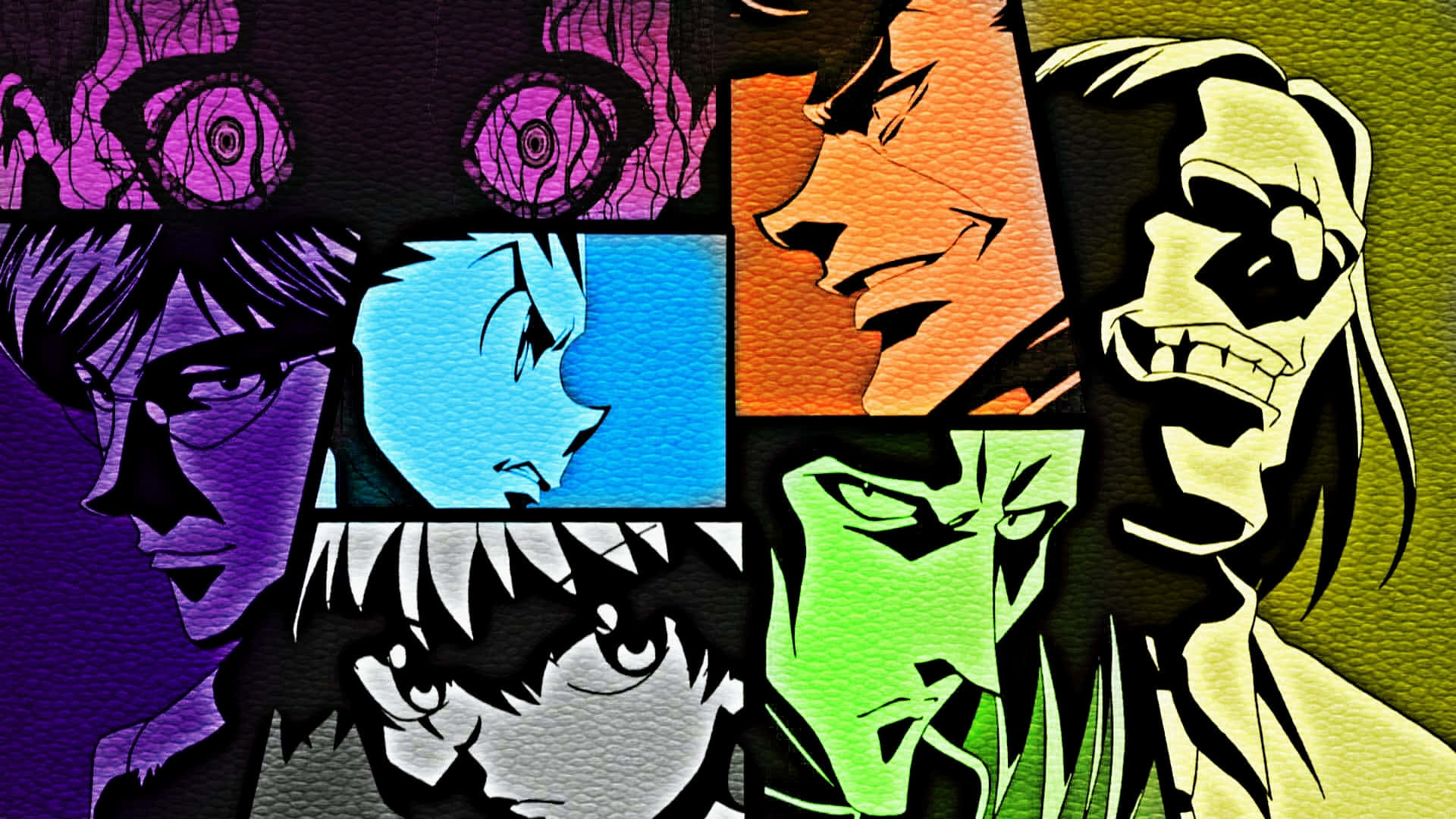 探索《獵人》的神秘魅力 壁紙 — 充滿活力的動漫風格拼貼畫，展現多樣角色面孔，色彩大膽，表情戲劇化。