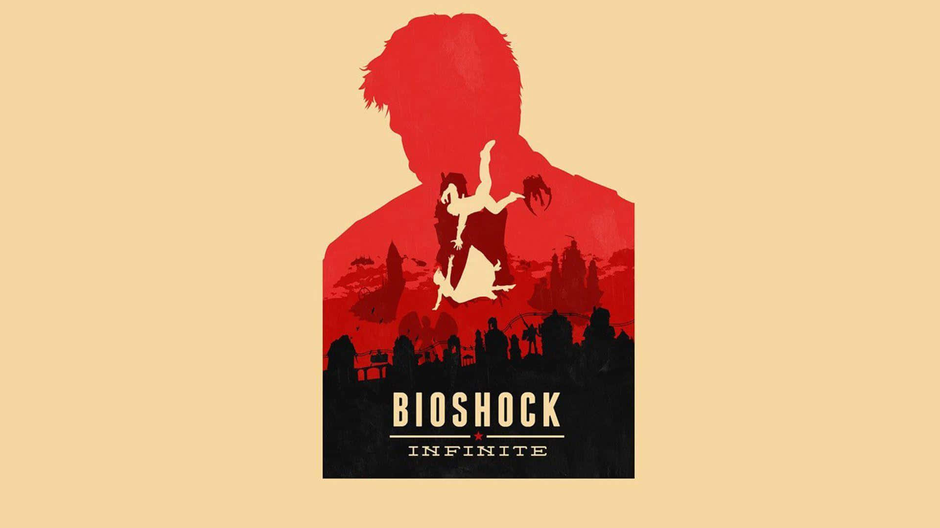 探索《生化奇兵無限》的世界 壁紙 — 一個風格化的紅色男人剪影包含一個墜落的人物和城市景觀，下方有標題 Bioshock Infinite。