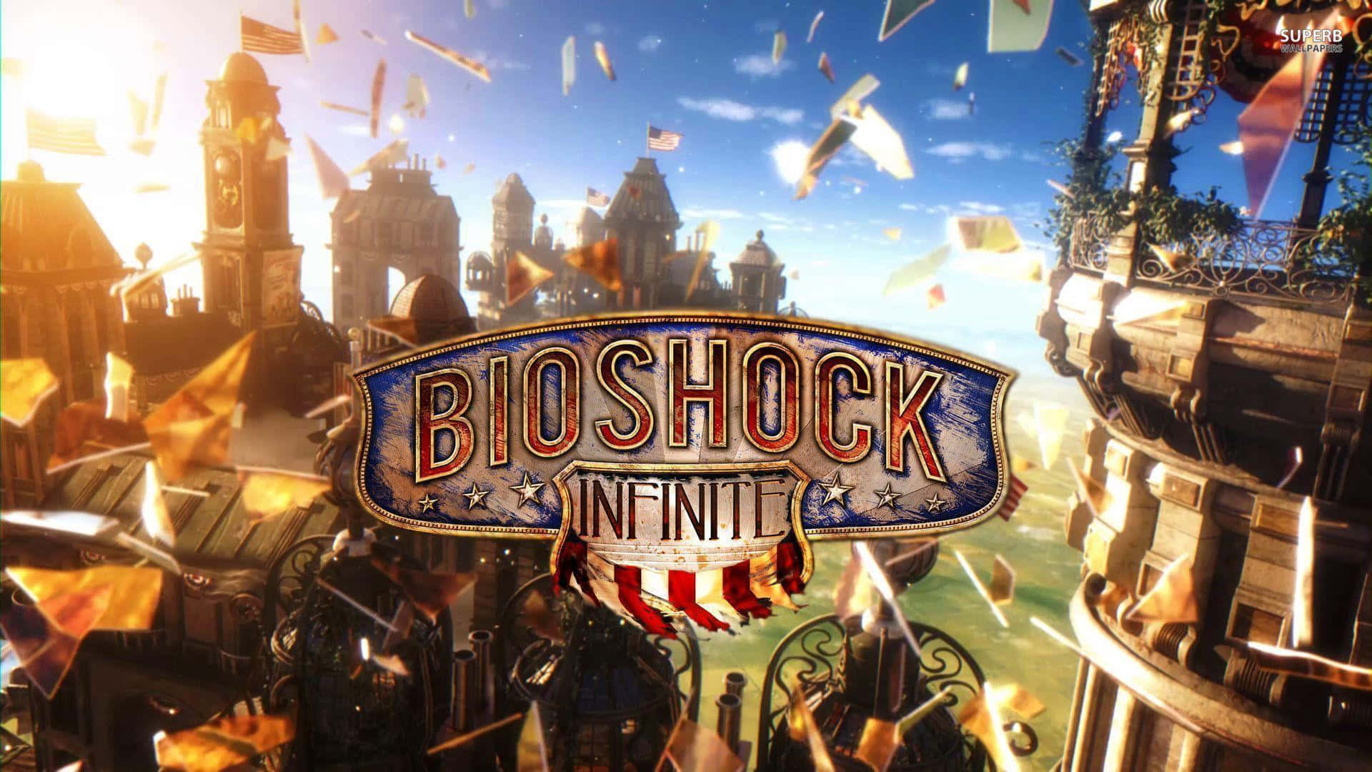 探索《生化奇兵無限》的浮空世界柯爾摩 壁紙 — Bioshock Infinite 標誌在飄落的旗幟中漂浮在一個陽光普照、擁有華麗建築和清澈藍天的浮空城市上空。