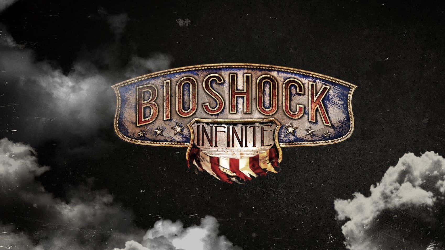 探索《生化奇兵無限》的迷人世界 壁紙 — BioShock Infinite 標誌戲劇性地漂浮在暴風雨的天空中，伴隨著旋轉的雲彩和復古美式設計元素。