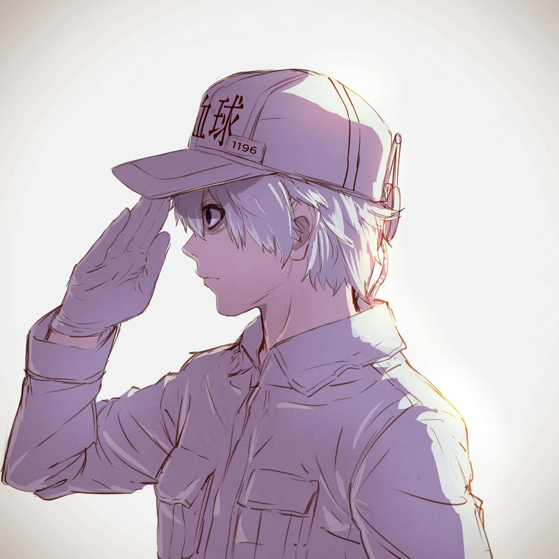 動漫男孩穿著紫色制服，白髮戴帽敬禮。