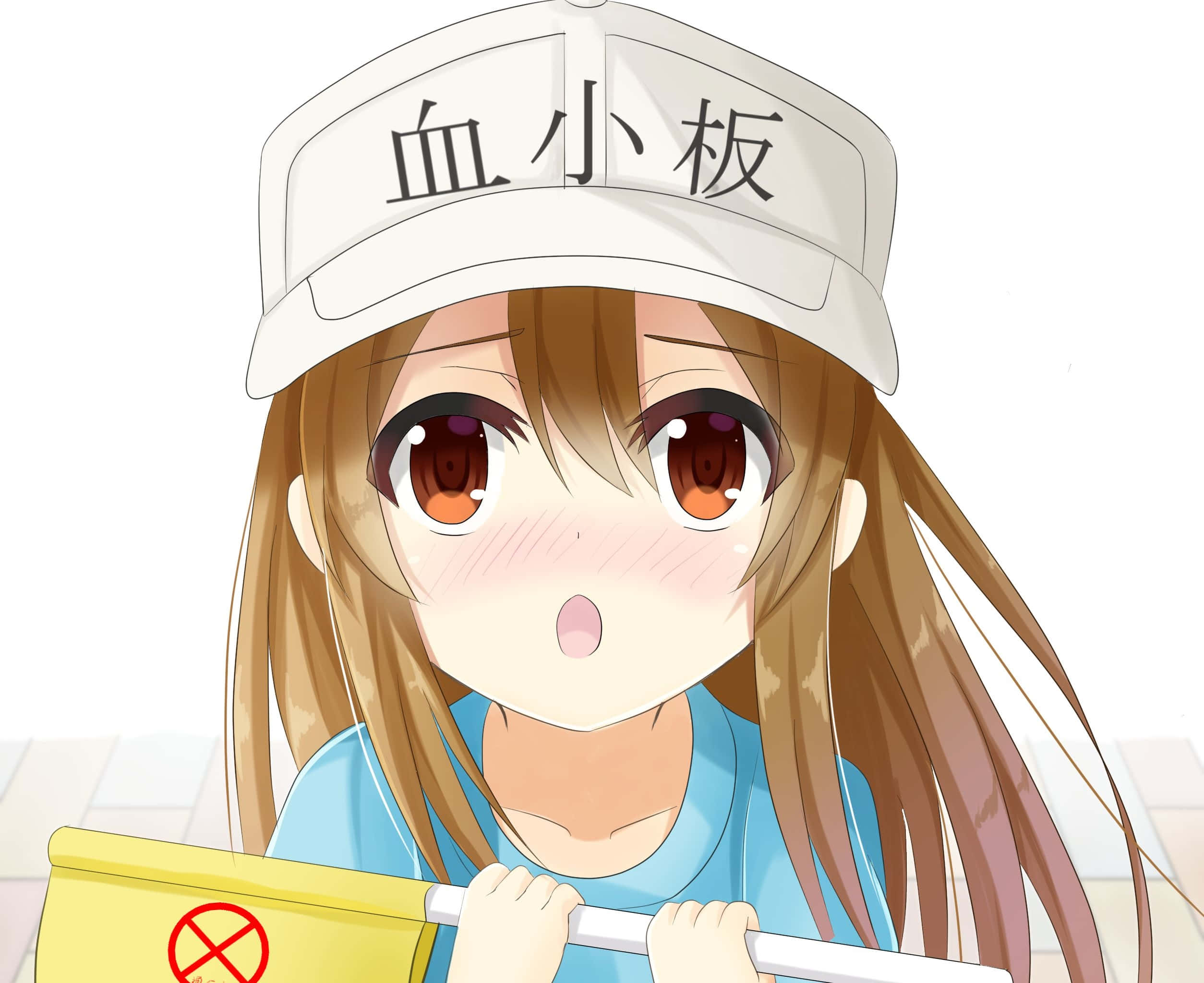 探索《細胞總動員》的奇妙世界 壁紙 — 棕色頭髮、戴著寫有「血小板」帽子的動漫女孩，拿著一個帶有紅十字的黃色盒子。