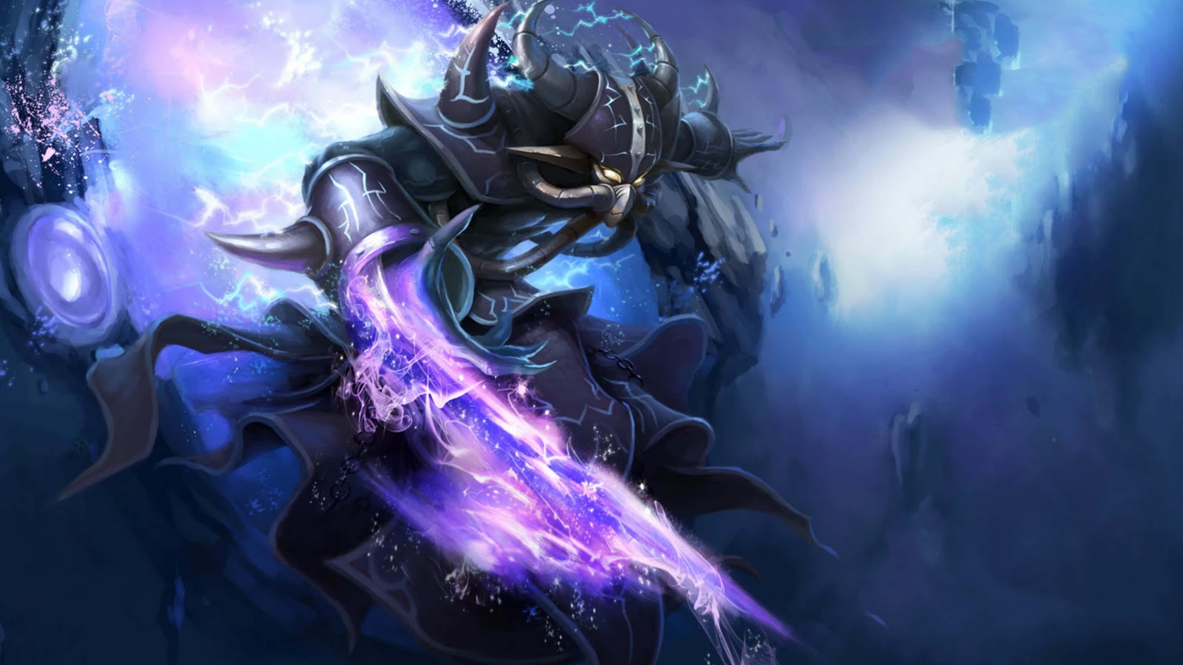 探索《英雄聯盟》的奇幻世界 壁紙 — 一個黑暗有角的惡魔在暴風雨般的藍色和紫色魔法光環中揮舞著發光的紫色閃電劍。