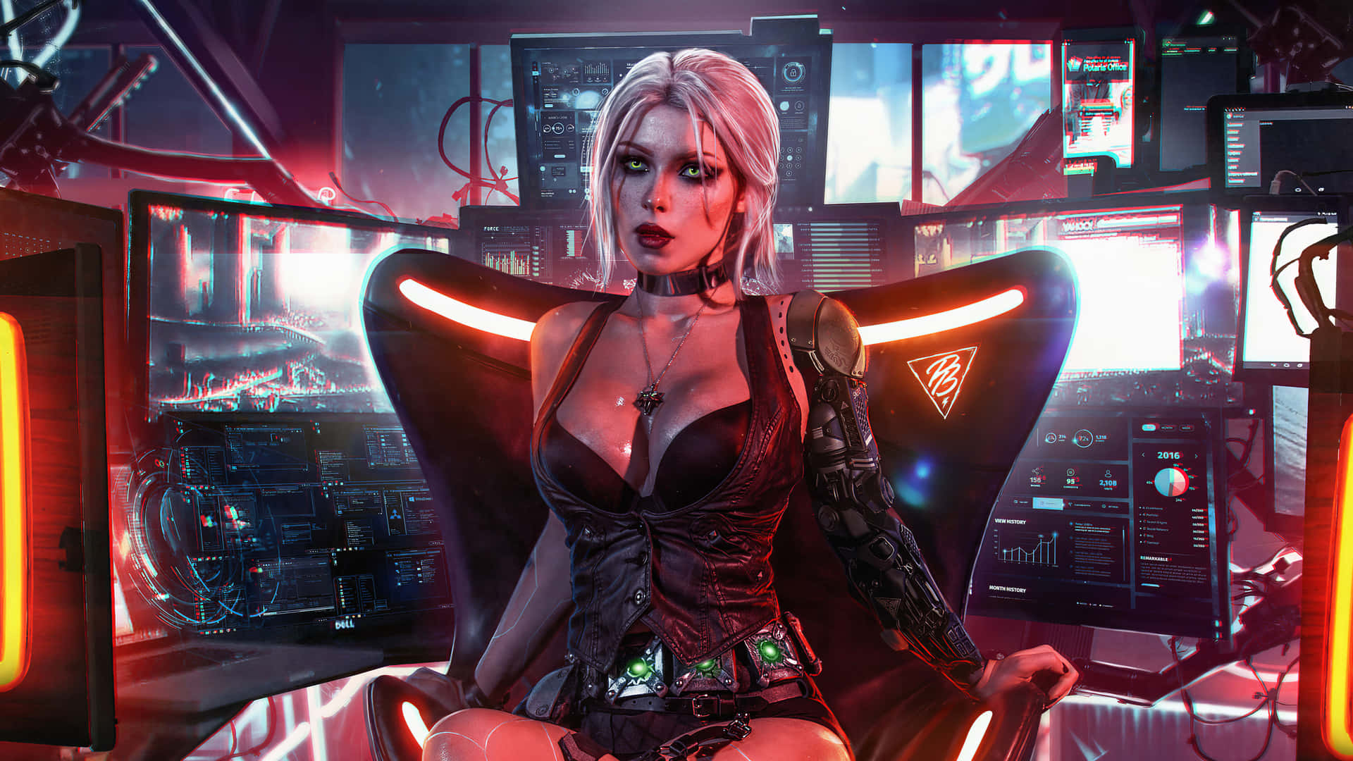 探索《賽博朋克2077》的夜之城 壁紙 — 一位擁有發光綠色眼睛的賽博龐克女性坐在一張高科技電競椅上，周圍環繞著顯示未來數據的霓虹燈顯示器。