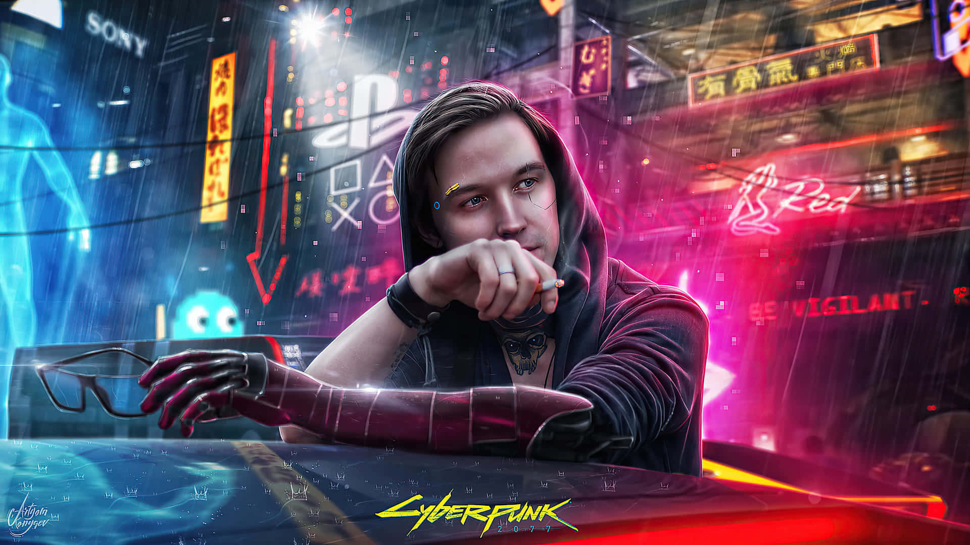 探索《賽博朋克2077》的未來世界 壁紙 — 一個穿著連帽衫的賽博龐克角色在霓虹燈閃爍的雨夜城市景觀中靠在一輛車上，周圍有發光的招牌和數位疊加效果。