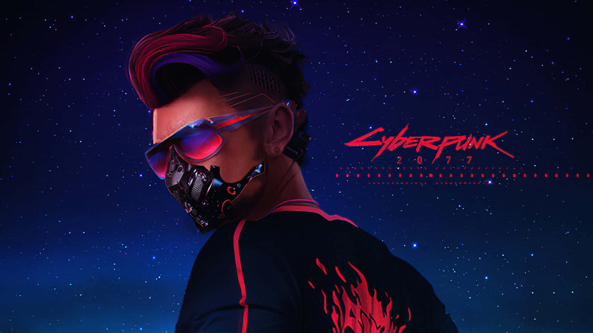 探索《賽博朋克2077》的震撼世界，1080p高畫質呈現 壁紙 — 一個戴著發光紅色太陽眼鏡和火焰紋身的賽博朋克角色，在『Cyberpunk 2077』標誌下，站在繁星點點的夜空前。