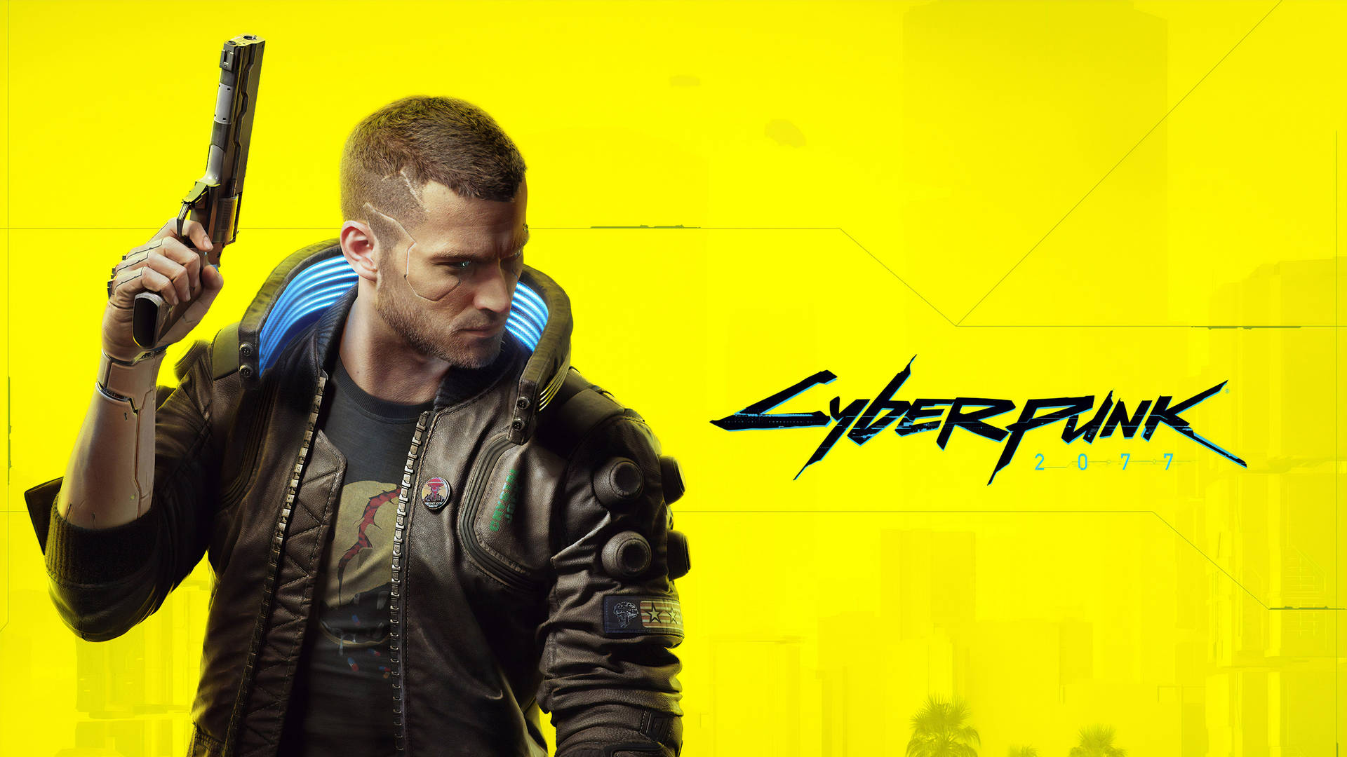 Cyberpunk 2077 主角在黃色背景上拿著手槍，帶有發光的義體。