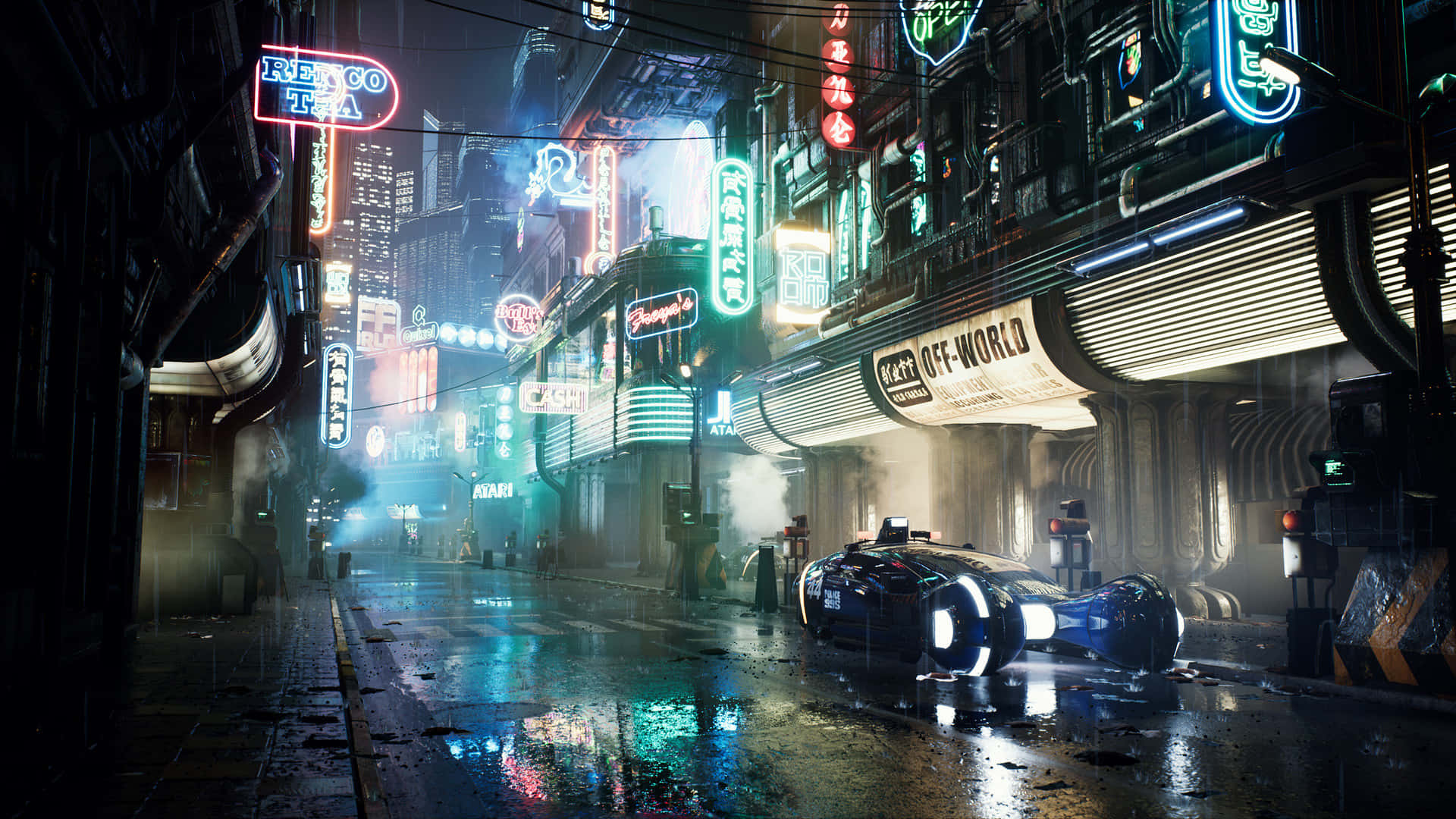 探索《賽博龐克2077》中的夜城 壁紙 — 夜晚一條霓虹燈照亮的賽博朋克小巷，一輛未來汽車停在潮濕的路面上，反射著發光的招牌。