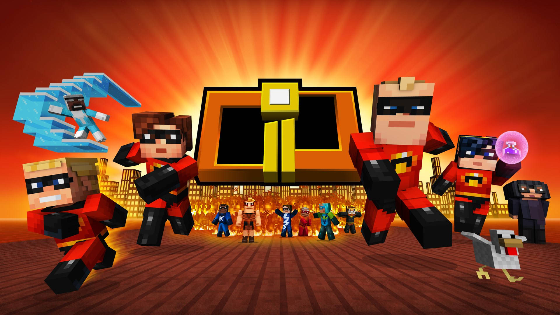 方塊狀的Minecraft版本超人特攻隊家庭在日落時英勇擺姿勢。