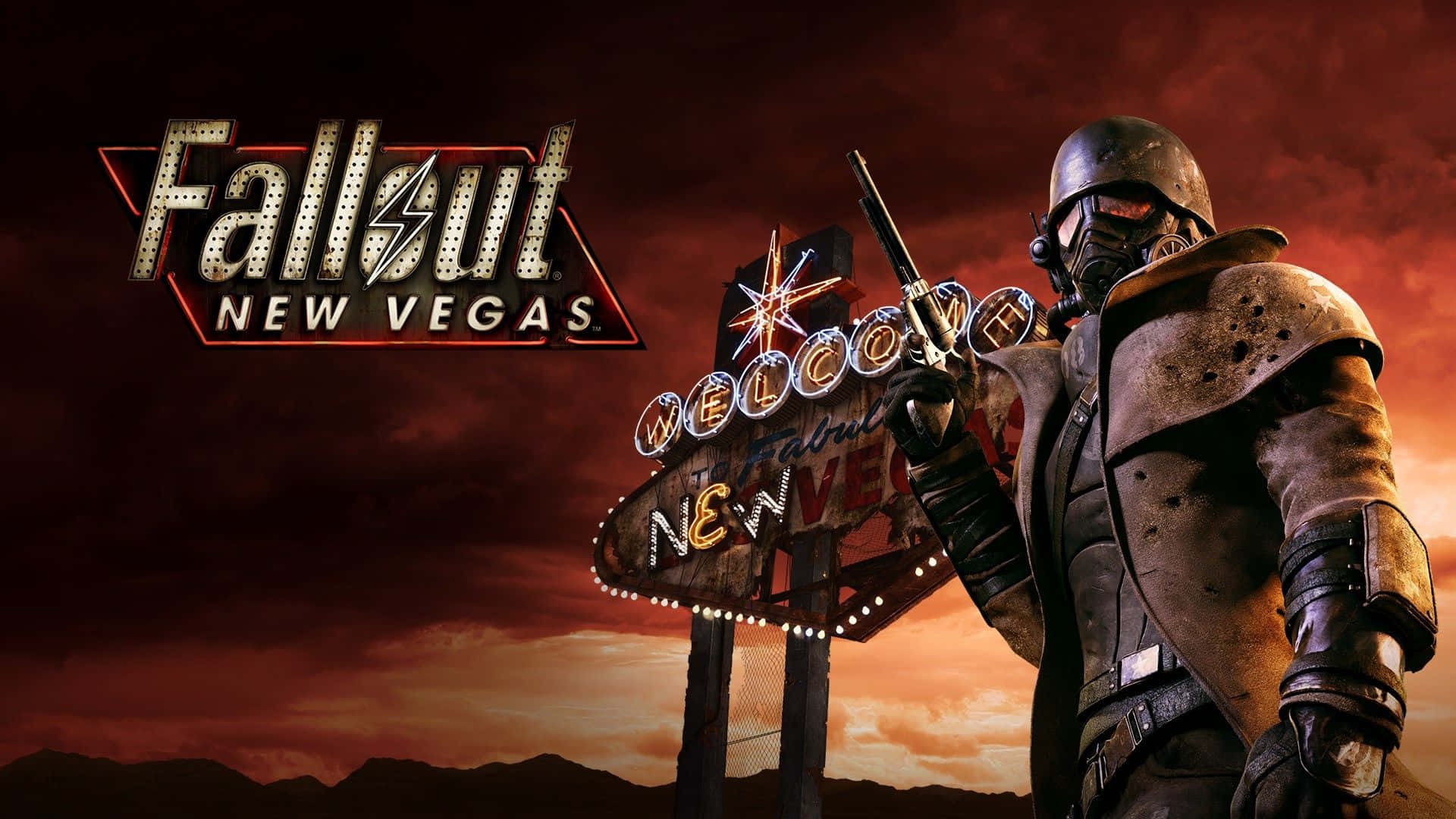 Fallout New Vegas 角色在黃昏時分，在一個破損的歡迎標誌附近手持槍械。
