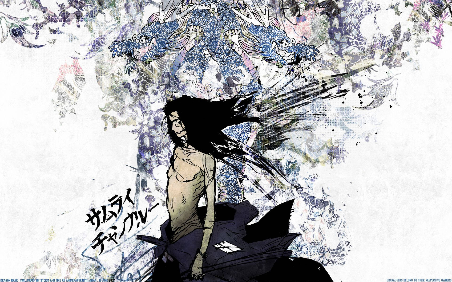 風格化插圖中，黑髮和藍色龍圖案的動漫戰士。