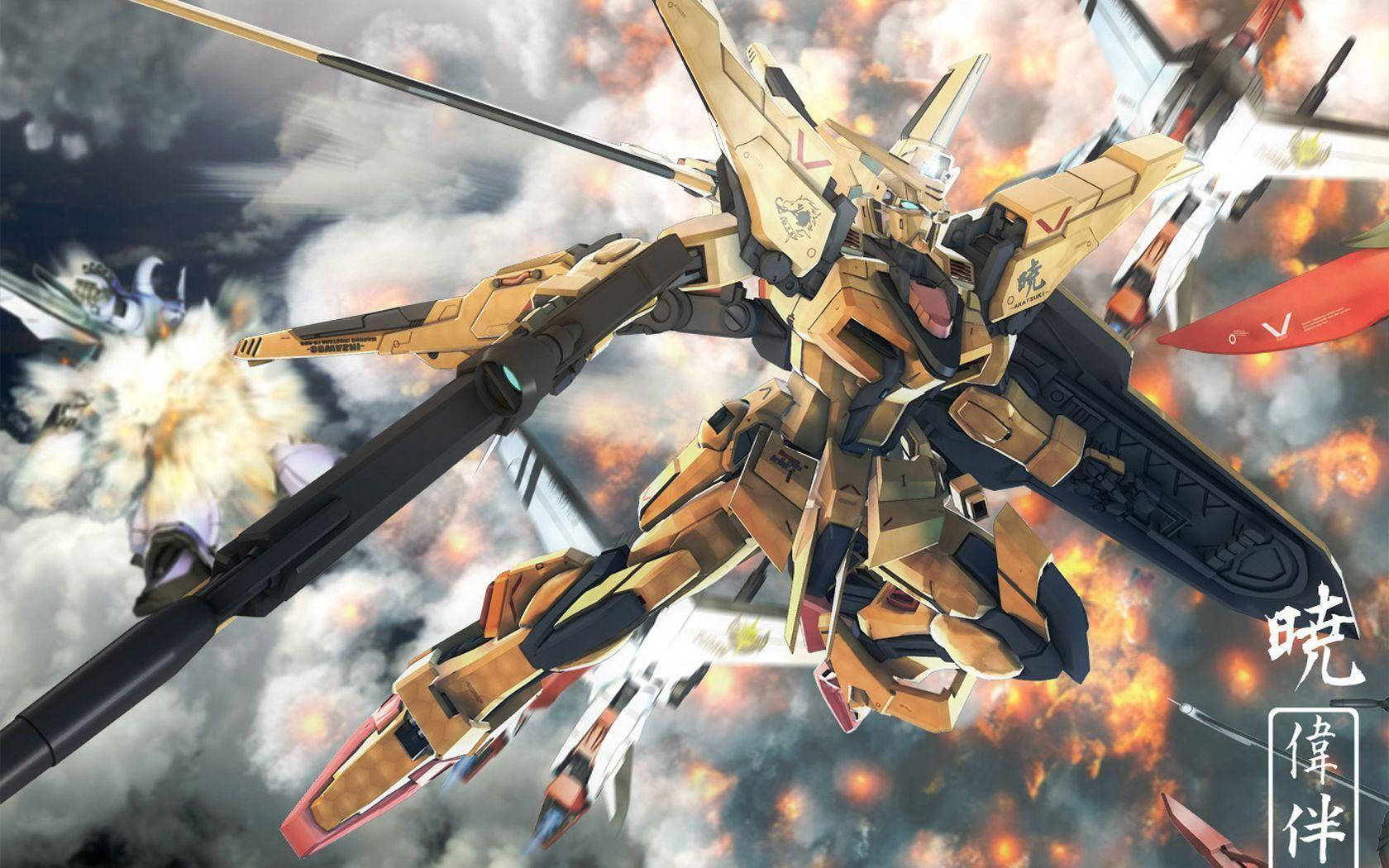 金色機甲在空中戰鬥，伴有爆炸和煙霧。
