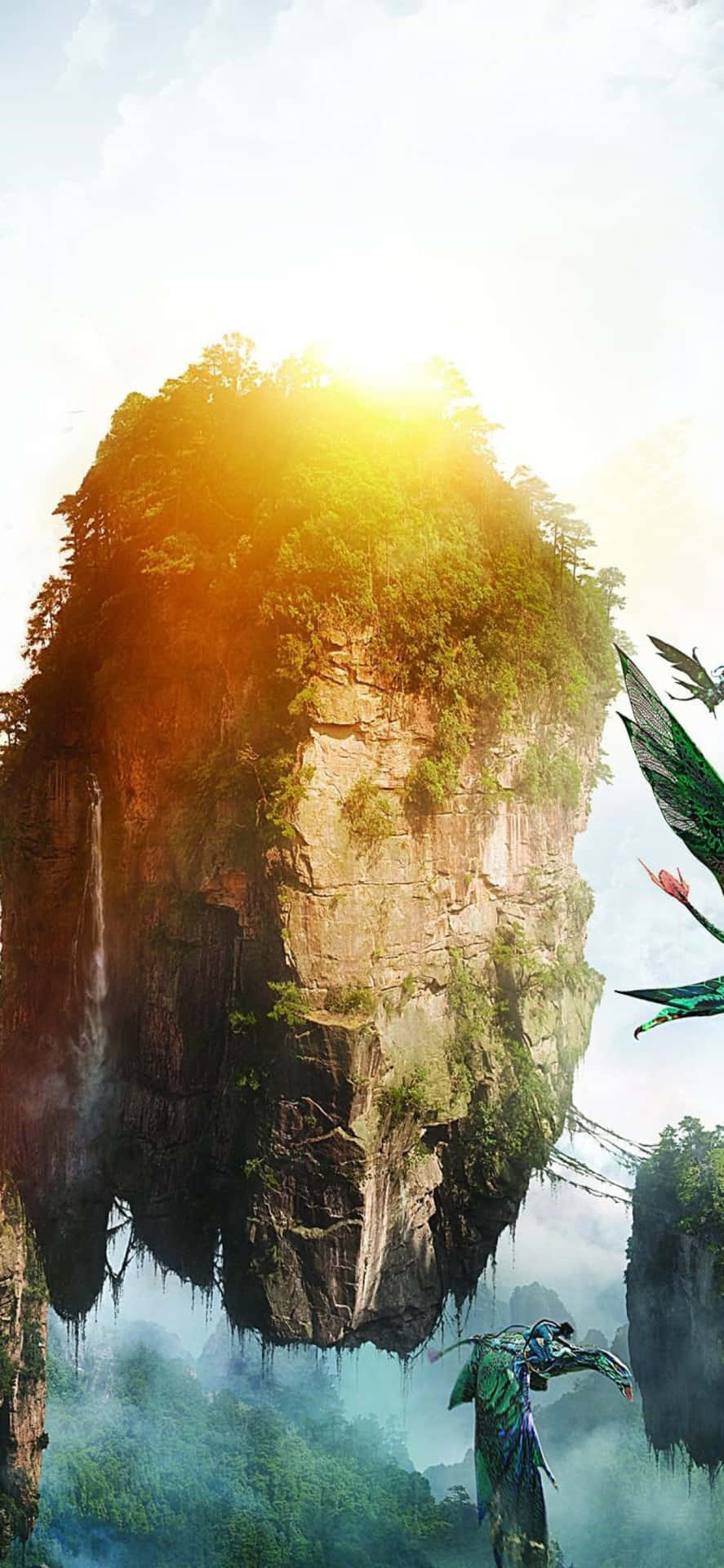 日出時分，一條龍和一個人影在漂浮的山附近飛翔。