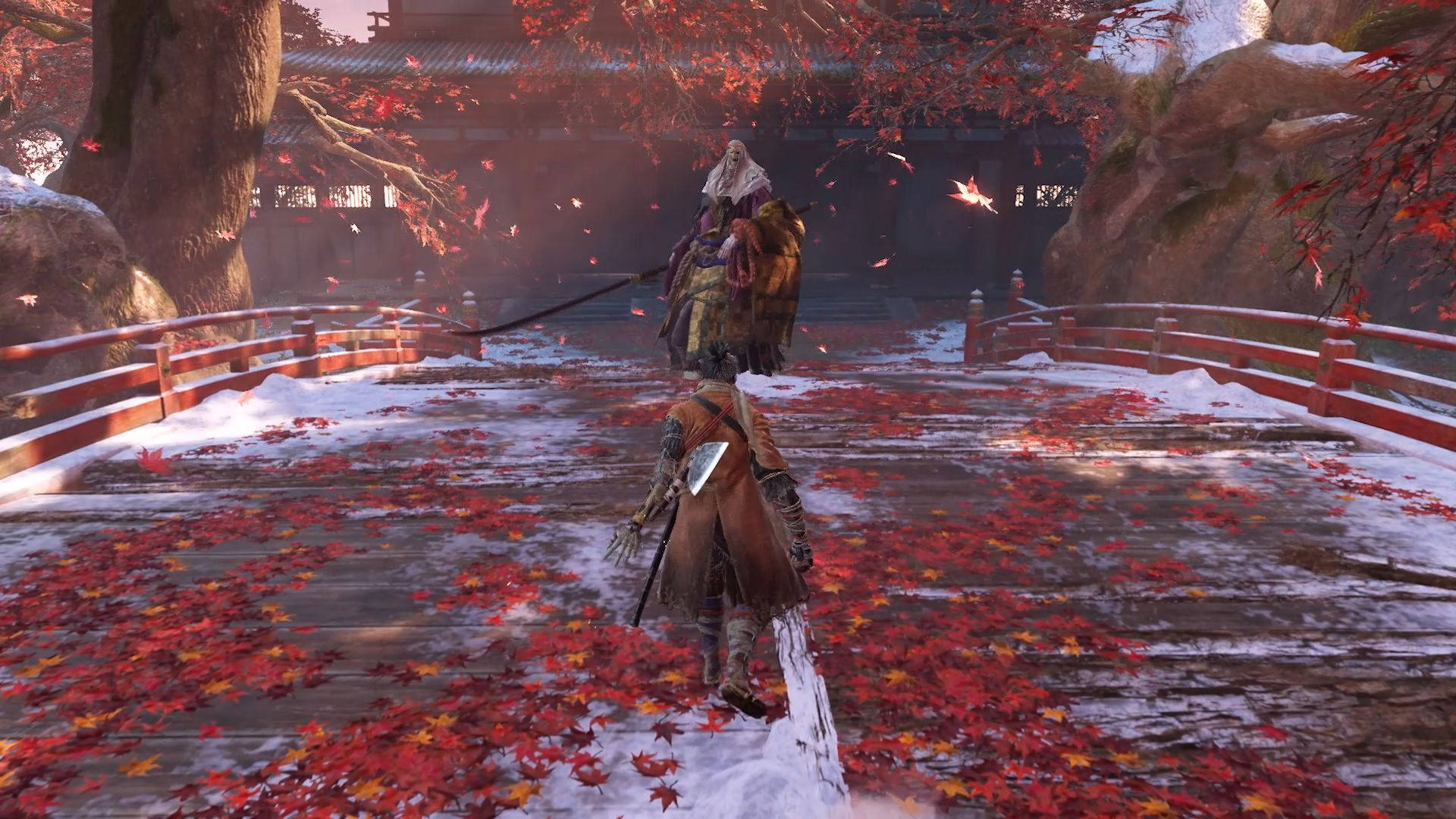 武士在雪橋上行走，背景是日本神社的紅楓樹。