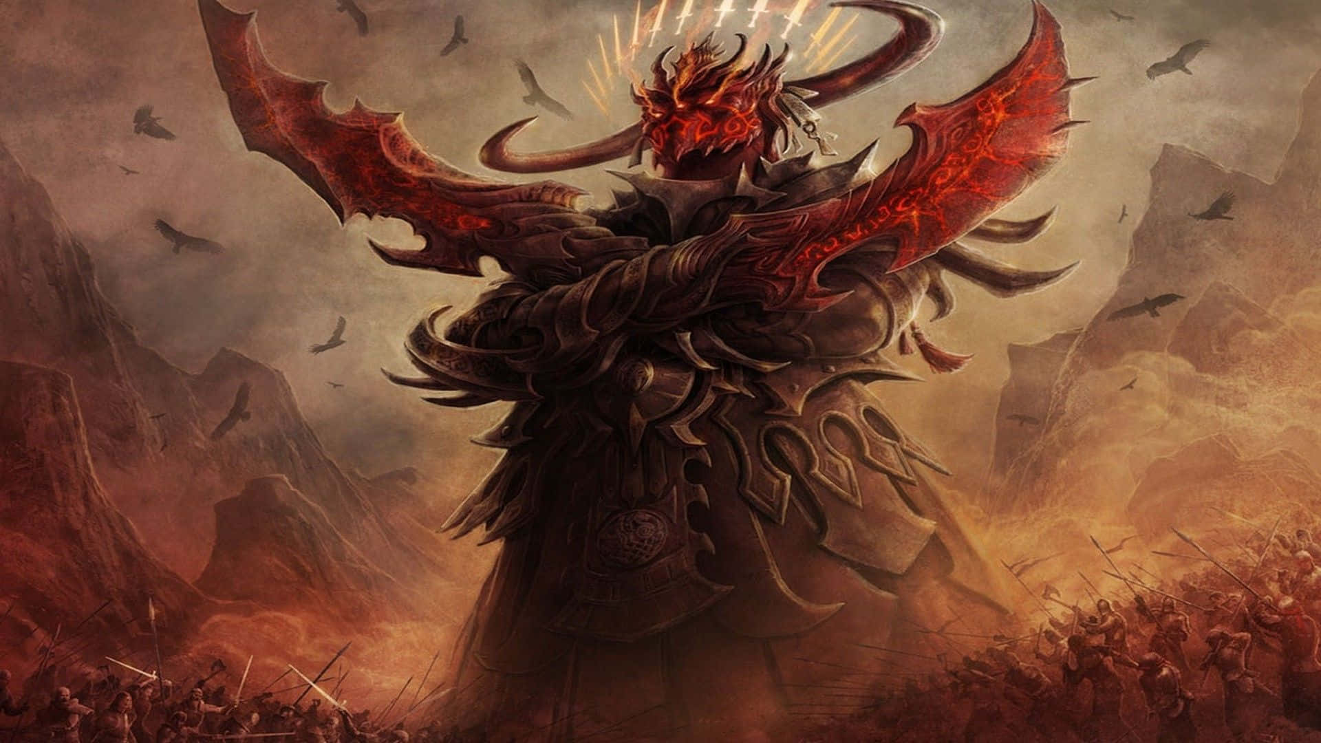 一個惡魔軍閥，擁有紅色翅膀和角，站在士兵的戰場上，背景是火熱的山地景觀。