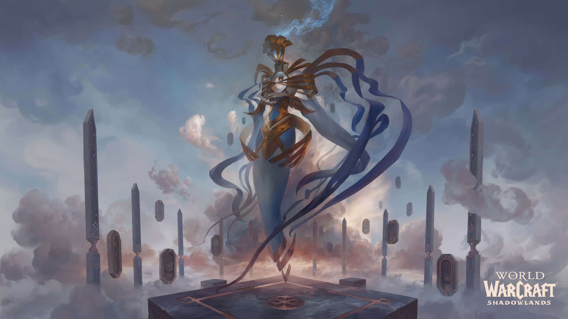 幻想戰士人物，身穿飄逸長袍，站在一個平台上，周圍環繞著浮空的劍。