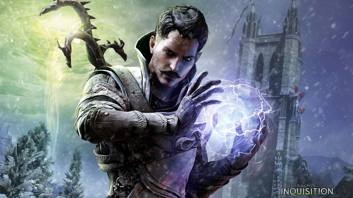 探索《龍騰世紀：審判》的魔法世界 壁紙 — 一名戰士在雪地奇幻景觀中引導發光的藍色閃電，伴隨著一條龍和哥德式塔樓。
