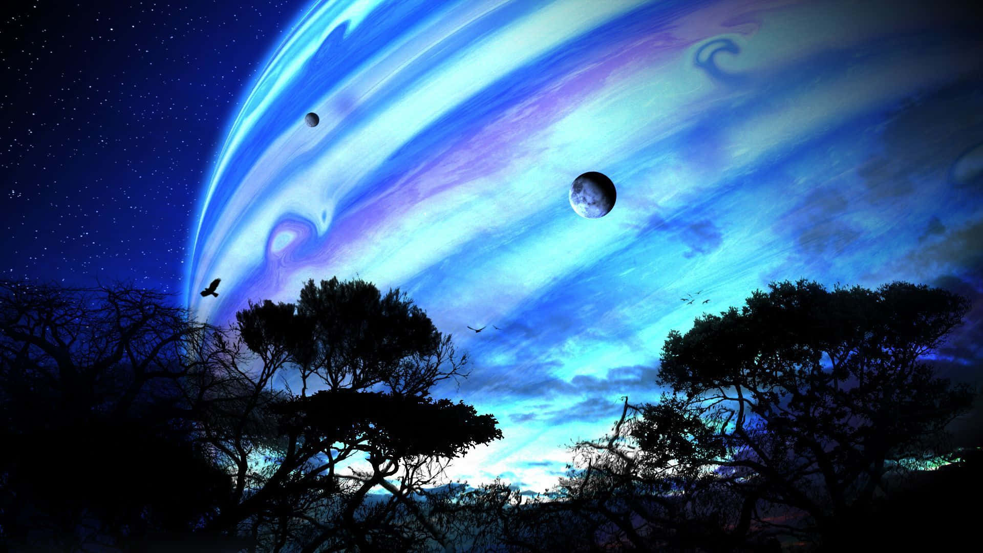 在繁星點點的夜空下，剪影樹木襯托著一個充滿活力的外星行星和衛星。