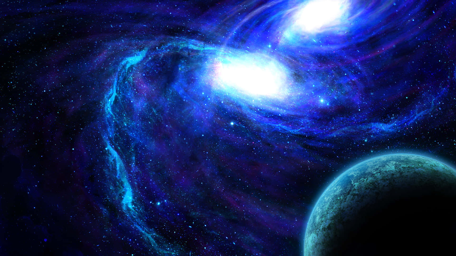 一個藍色和紫色的星系，前景有一顆行星。