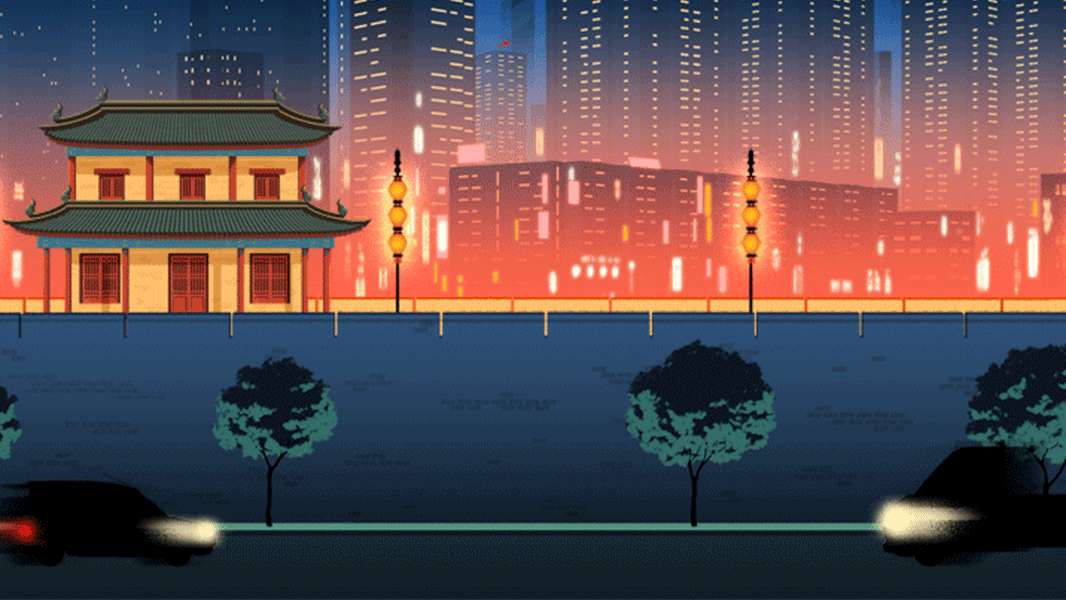 傳統中式亭閣於河邊，夜晚有閃爍的城市燈光和來往的車輛。