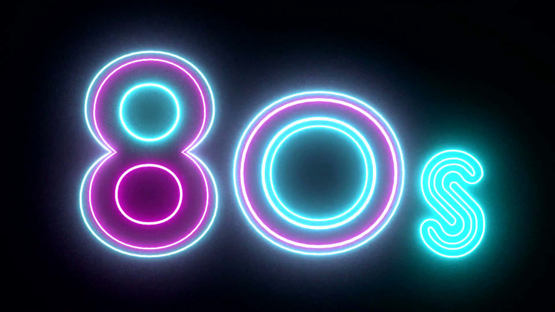 探索80年代的彩色世界 壁紙 — 充滿活力的霓虹粉紅和青色發光80年代文字，背景為深色，帶有柔和的光暈。