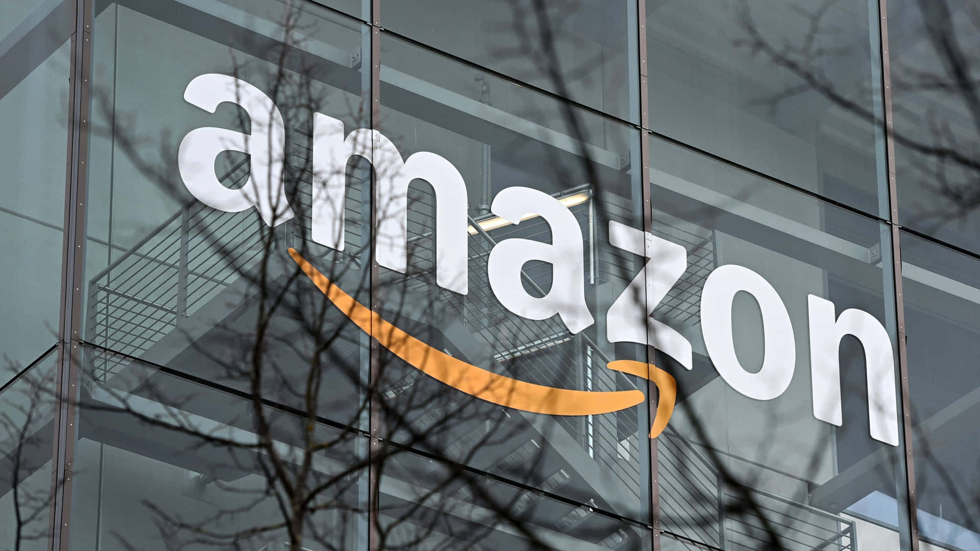 玻璃建築上的Amazon標誌，前面有光禿禿的樹枝。