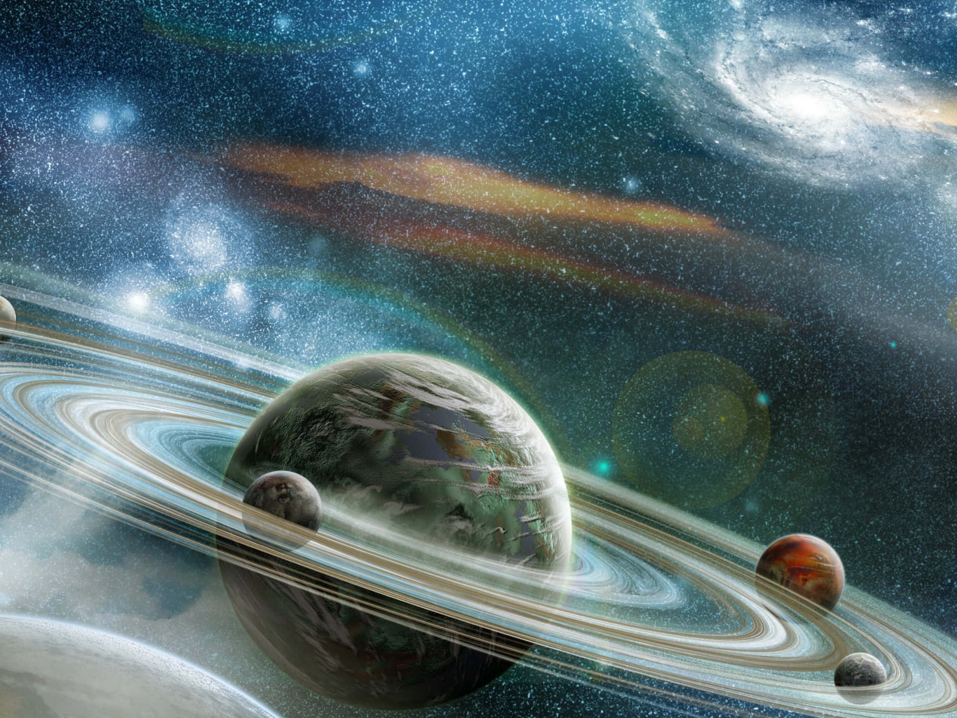 一顆帶有衛星的環狀行星，以色彩繽紛的宇宙星雲和螺旋星系為背景。