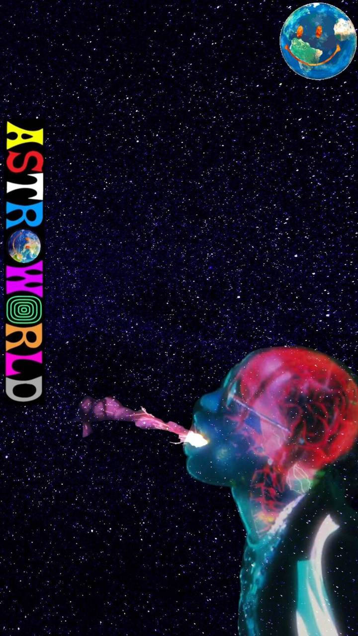 一個發光的人形在太空中呼出彩色煙霧，上方有一個微笑的地球。
