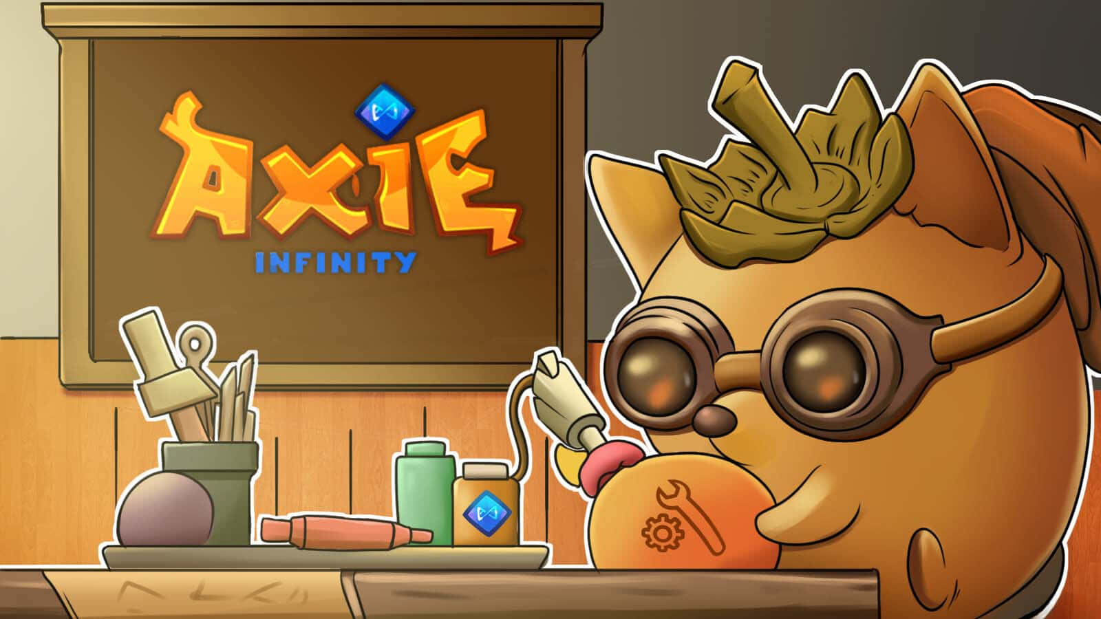 探索Axie Infinity的魔法世界 壁紙 — 一個戴護目鏡的卡通axie角色站在工作檯前，手持工具，背後有'Axie Infinity'標誌。