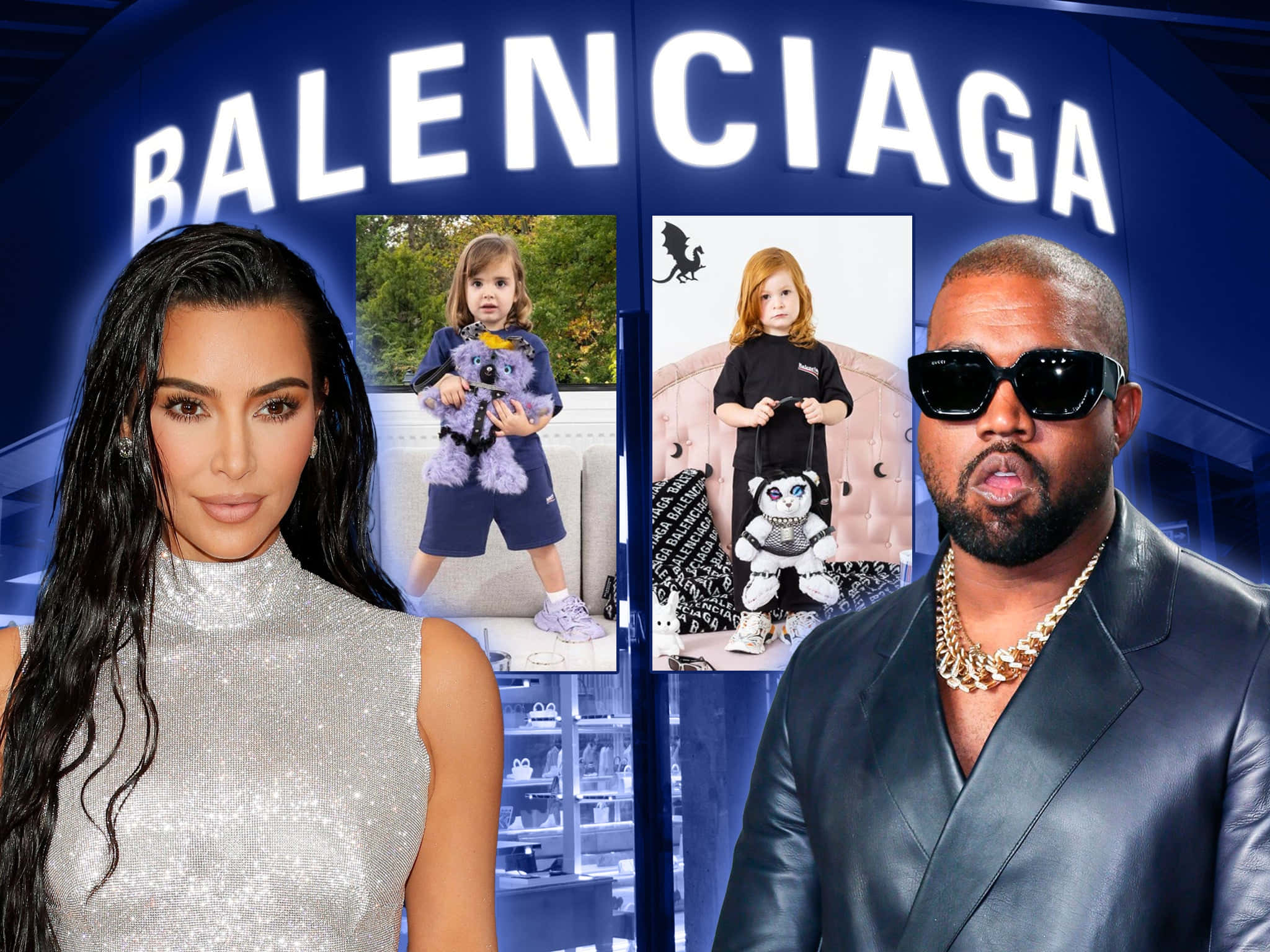 探索Balenciaga的原創設計 壁紙 — Kim Kardashian 和 Kanye West 站在 Balenciaga 商店兩側，並插入他們孩子穿著品牌服裝的照片。